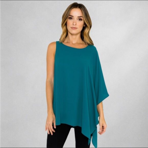 Badgley Mischka Womens Blouse S One Shoulder Asymmetrical Turquoise 1075 - Picture 1 of 10